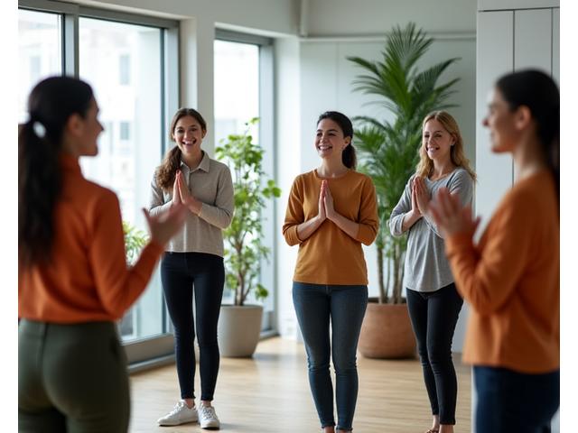 Zespół ludzi uczestniczących w warsztatach wellness w biurze