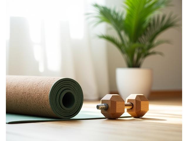 Ekologiczna mata do jogi i hantle wykonane z naturalnych materiałów na drewnianej podłodze, podkreślające fitness bez plastiku.