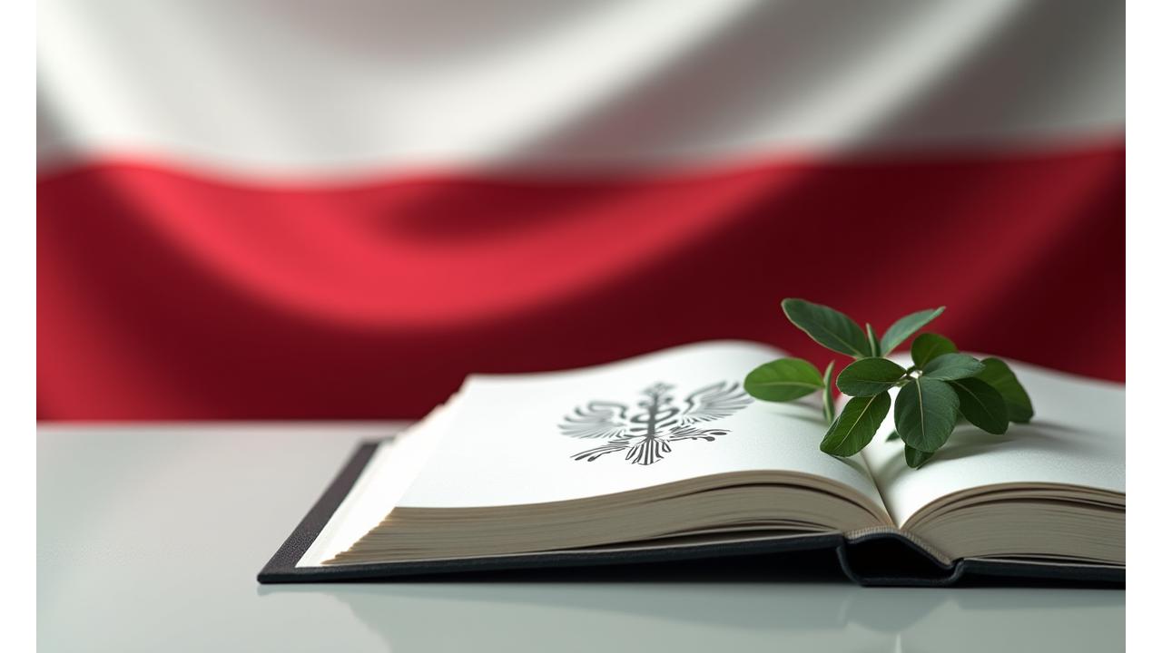 Grafika symbolizująca polskie prawo i aspekty prawne w wellness, z polską flagą w tle.